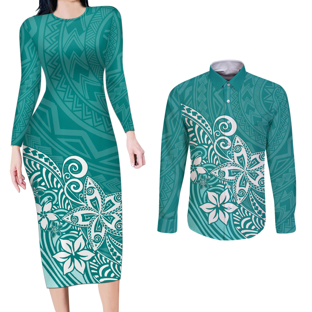 Polynesia Couples Matching Long Sleeve Bodycon Dress and Long Sleeve Button Shirts Plumeria Teal Curves LT7 - Wonder Print Shop