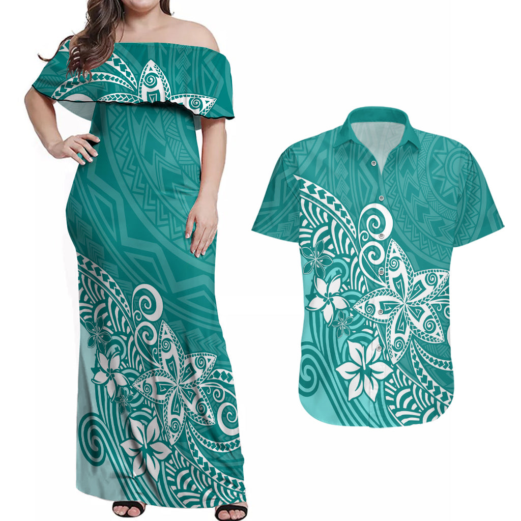 Polynesia Couples Matching Off Shoulder Maxi Dress and Hawaiian Shirt Plumeria Teal Curves LT7 - Wonder Print Shop