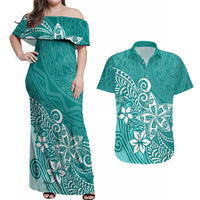 Polynesia Couples Matching Off Shoulder Maxi Dress and Hawaiian Shirt Plumeria Teal Curves LT7 - Wonder Print Shop