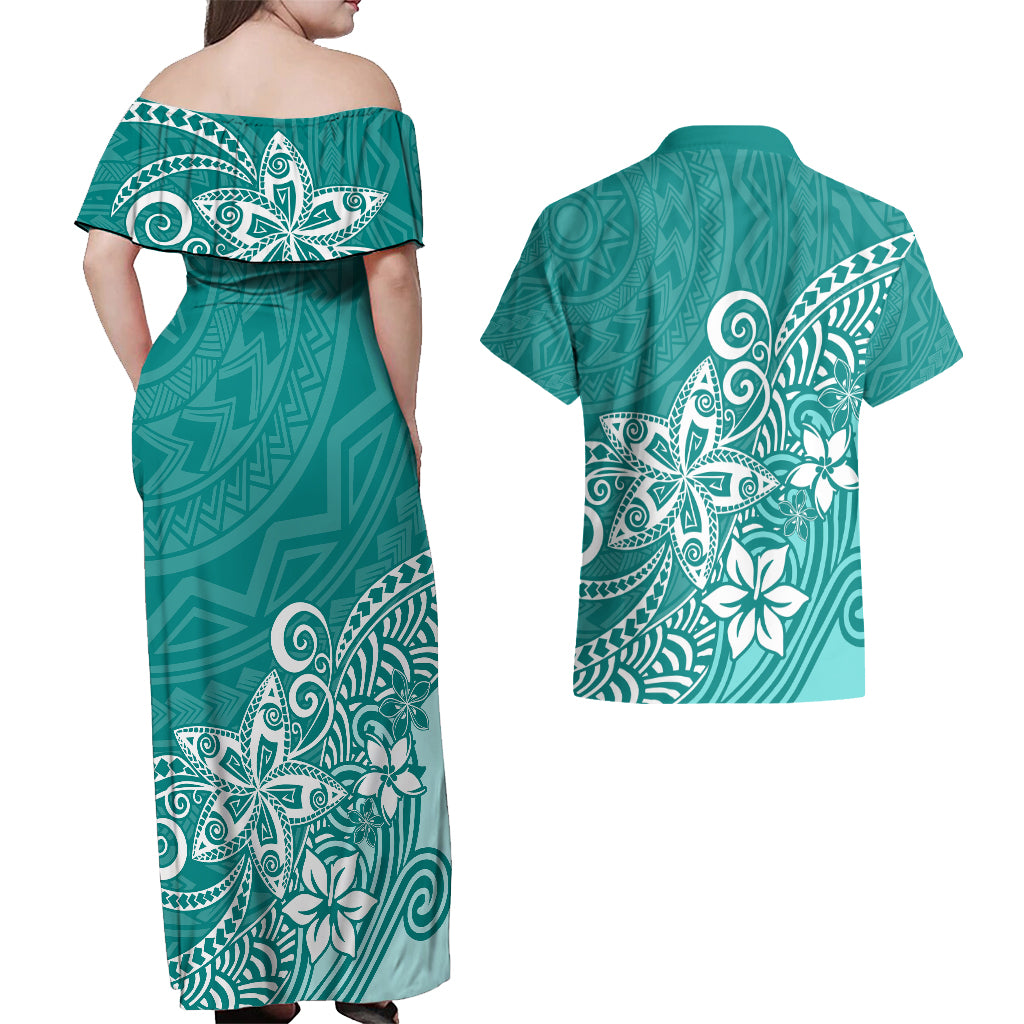 Polynesia Couples Matching Off Shoulder Maxi Dress and Hawaiian Shirt Plumeria Teal Curves LT7 - Wonder Print Shop