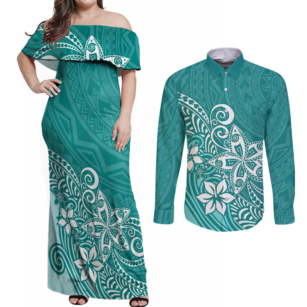 Polynesia Couples Matching Off Shoulder Maxi Dress and Long Sleeve Button Shirts Plumeria Teal Curves LT7 - Wonder Print Shop