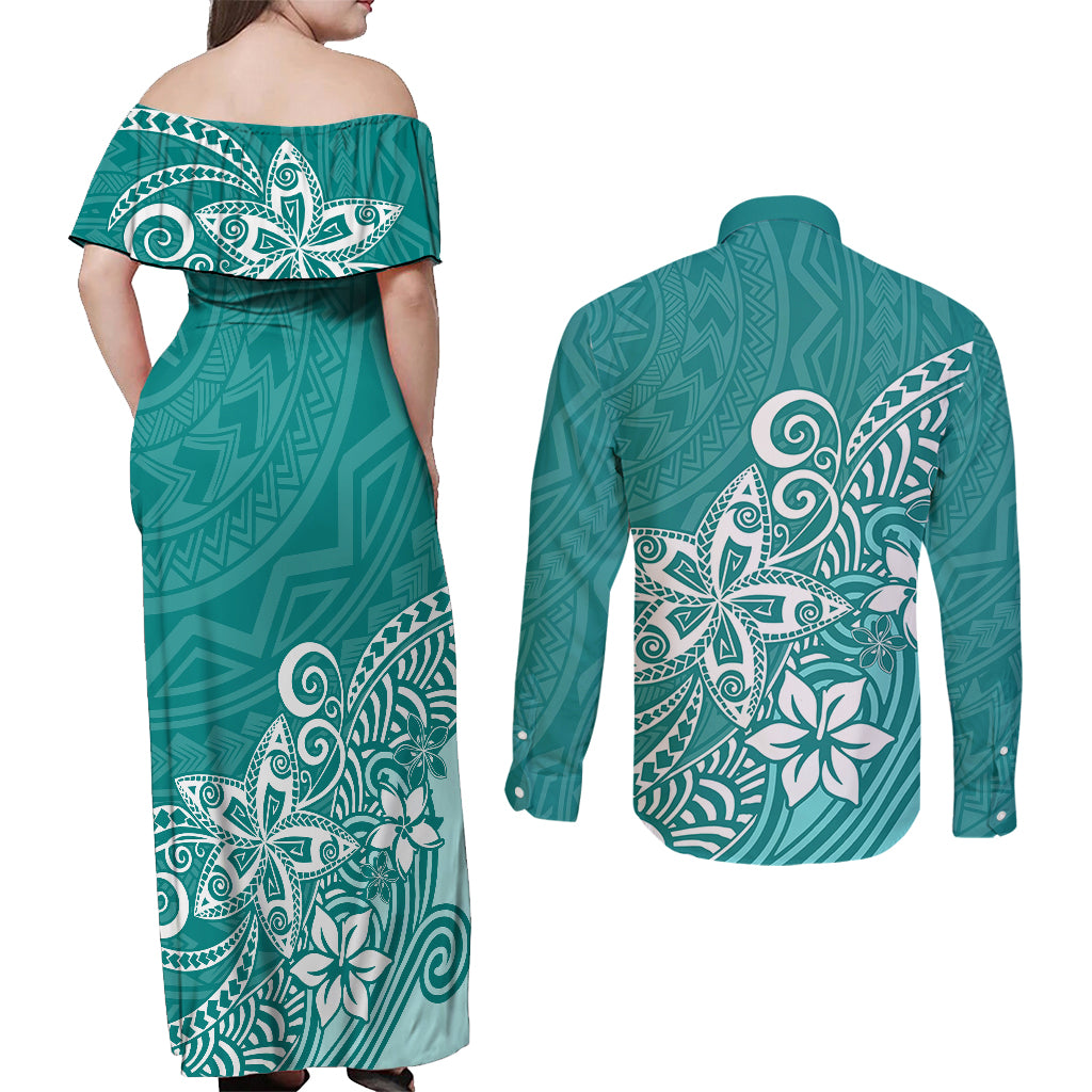Polynesia Couples Matching Off Shoulder Maxi Dress and Long Sleeve Button Shirts Plumeria Teal Curves LT7 - Wonder Print Shop