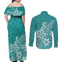 Polynesia Couples Matching Off Shoulder Maxi Dress and Long Sleeve Button Shirts Plumeria Teal Curves LT7 - Wonder Print Shop
