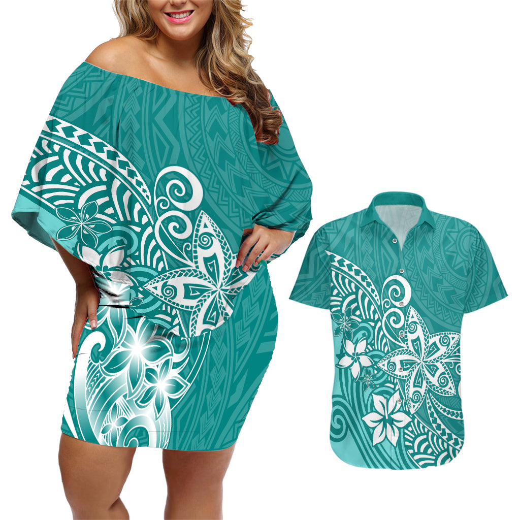 Polynesia Couples Matching Off Shoulder Short Dress and Hawaiian Shirt Plumeria Teal Curves LT7 - Wonder Print Shop