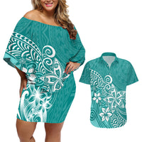 Polynesia Couples Matching Off Shoulder Short Dress and Hawaiian Shirt Plumeria Teal Curves LT7 - Wonder Print Shop
