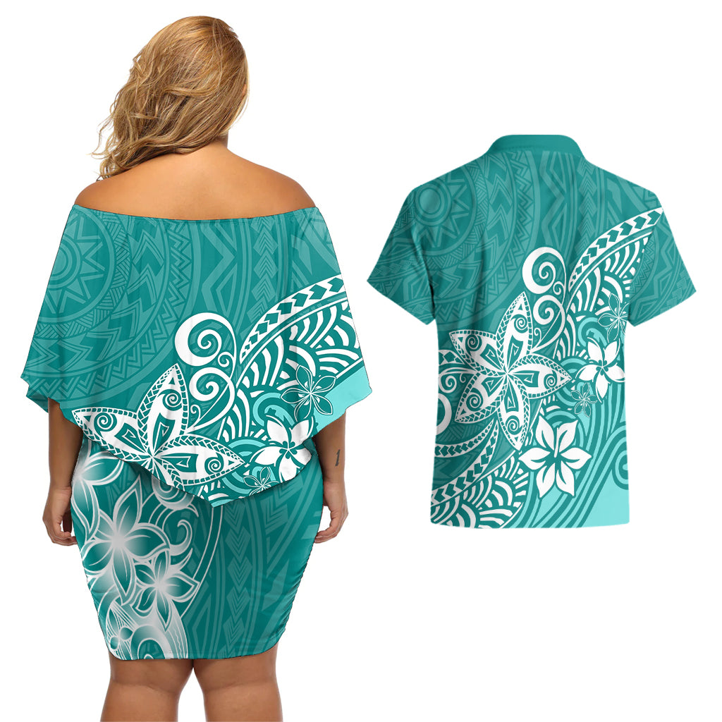 Polynesia Couples Matching Off Shoulder Short Dress and Hawaiian Shirt Plumeria Teal Curves LT7 - Wonder Print Shop