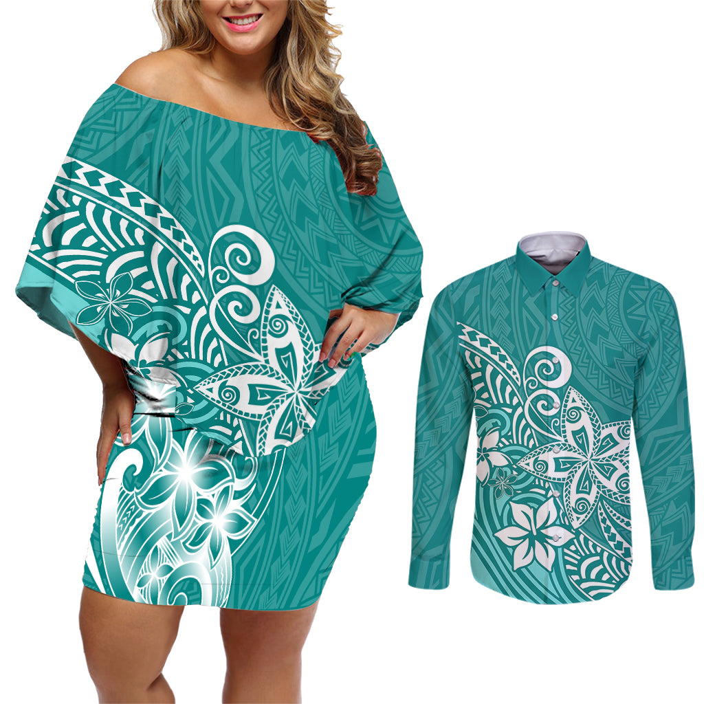 Polynesia Couples Matching Off Shoulder Short Dress and Long Sleeve Button Shirts Plumeria Teal Curves LT7 - Wonder Print Shop