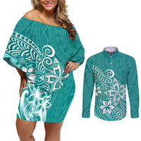 Polynesia Couples Matching Off Shoulder Short Dress and Long Sleeve Button Shirts Plumeria Teal Curves LT7 - Wonder Print Shop