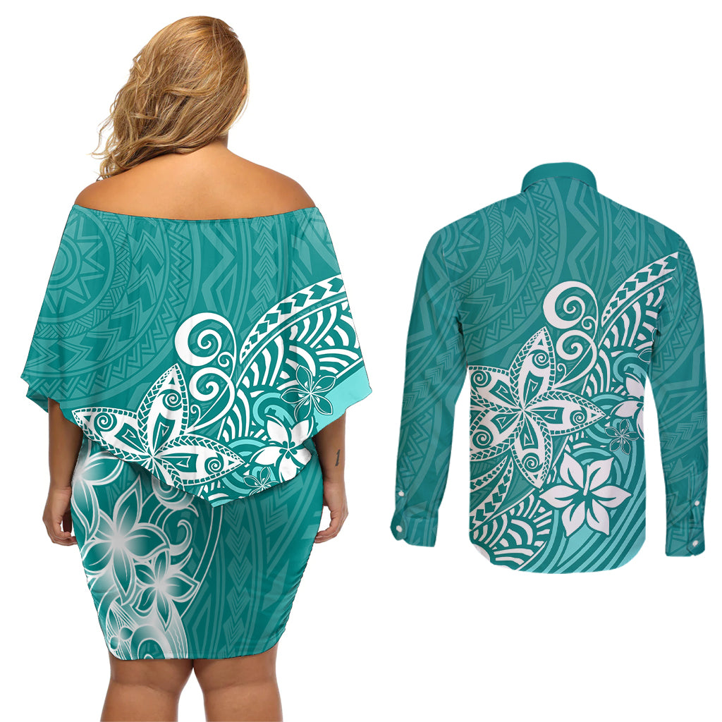 Polynesia Couples Matching Off Shoulder Short Dress and Long Sleeve Button Shirts Plumeria Teal Curves LT7 - Wonder Print Shop