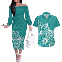 Polynesia Couples Matching Off The Shoulder Long Sleeve Dress and Hawaiian Shirt Plumeria Teal Curves LT7 - Wonder Print Shop