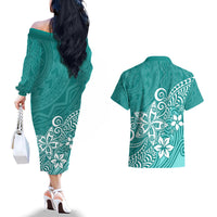 Polynesia Couples Matching Off The Shoulder Long Sleeve Dress and Hawaiian Shirt Plumeria Teal Curves LT7 - Wonder Print Shop
