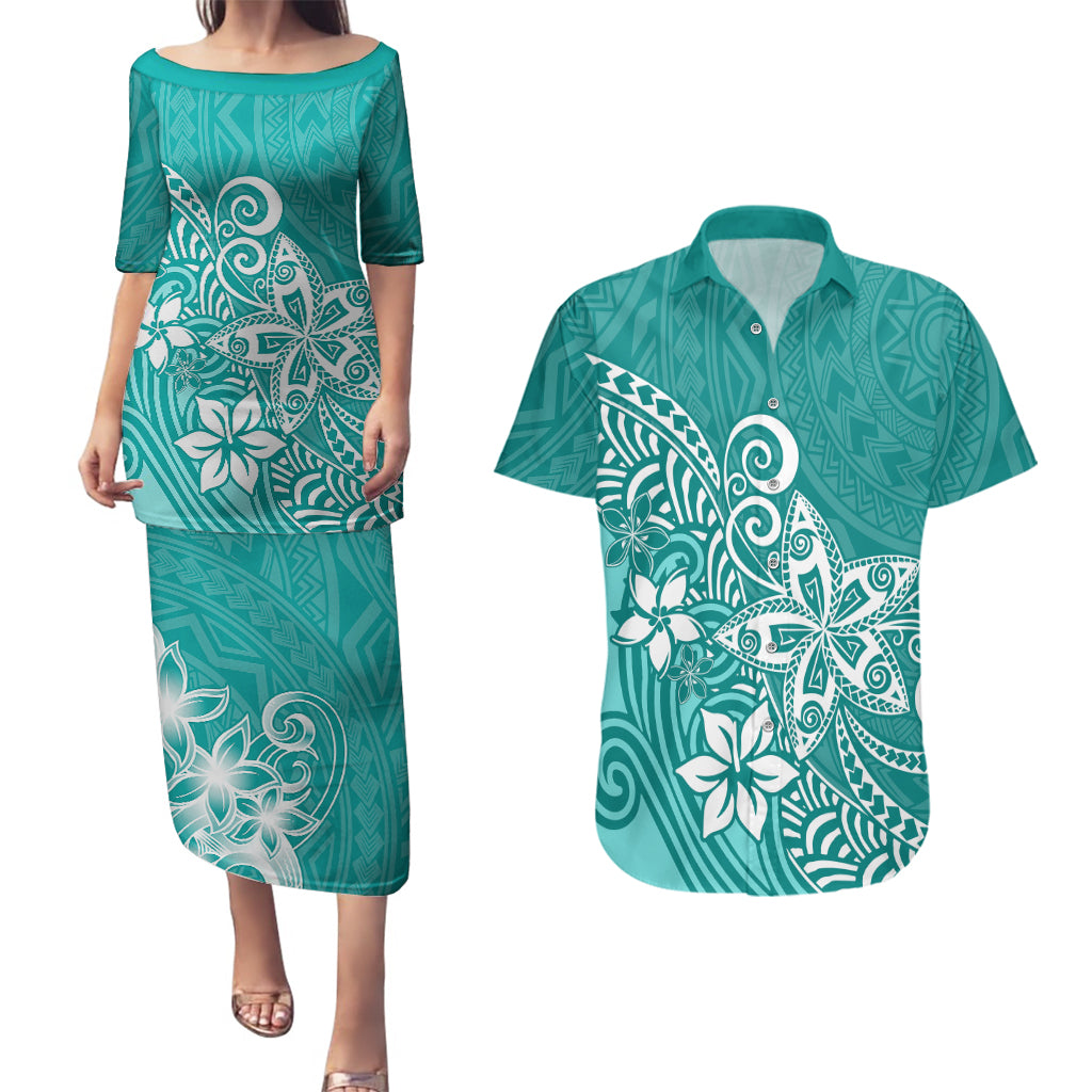Polynesia Couples Matching Puletasi Dress and Hawaiian Shirt Plumeria Teal Curves LT7 - Wonder Print Shop
