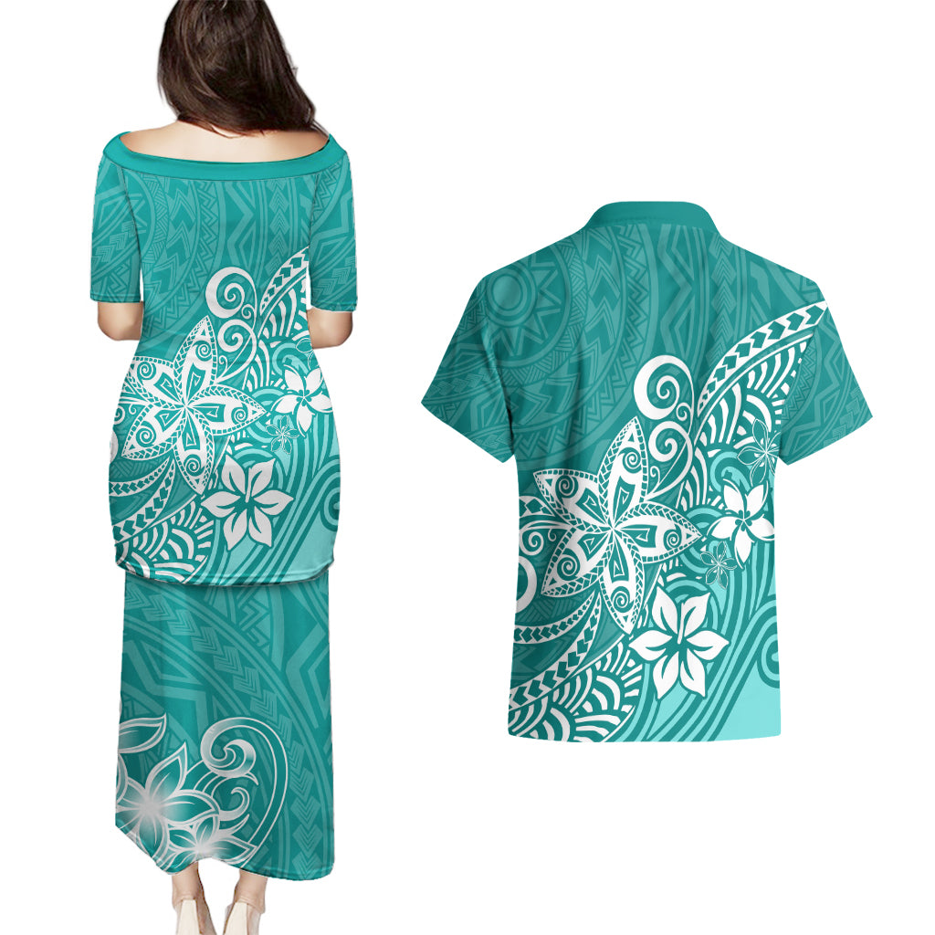 Polynesia Couples Matching Puletasi Dress and Hawaiian Shirt Plumeria Teal Curves LT7 - Wonder Print Shop