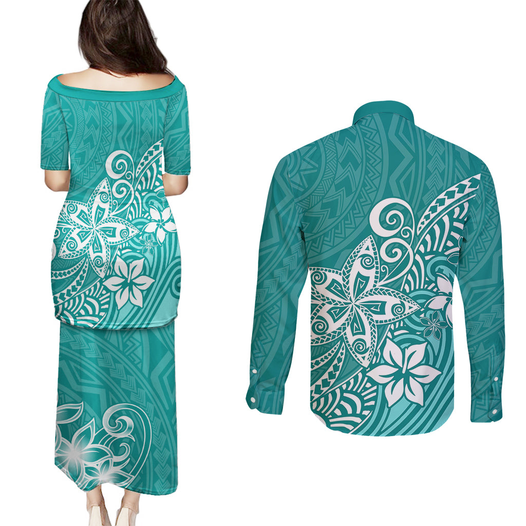 Polynesia Couples Matching Puletasi Dress and Long Sleeve Button Shirts Plumeria Teal Curves LT7 - Wonder Print Shop