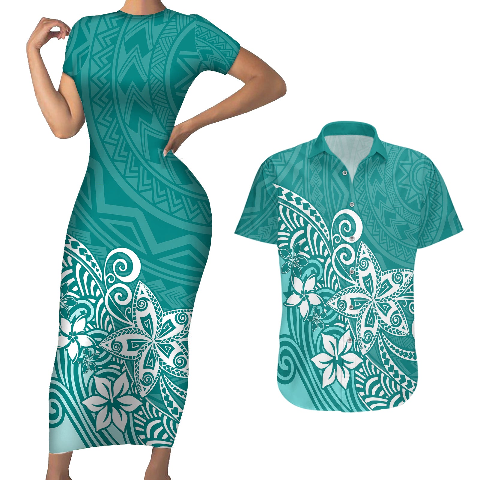 Polynesia Couples Matching Short Sleeve Bodycon Dress and Hawaiian Shirt Plumeria Teal Curves LT7 - Wonder Print Shop
