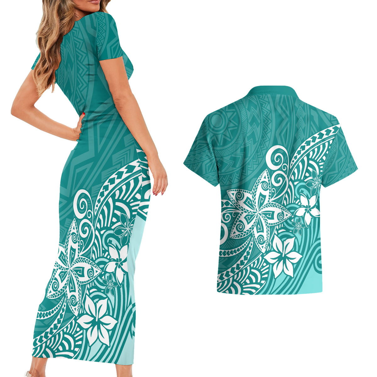 Polynesia Couples Matching Short Sleeve Bodycon Dress and Hawaiian Shirt Plumeria Teal Curves LT7 - Wonder Print Shop