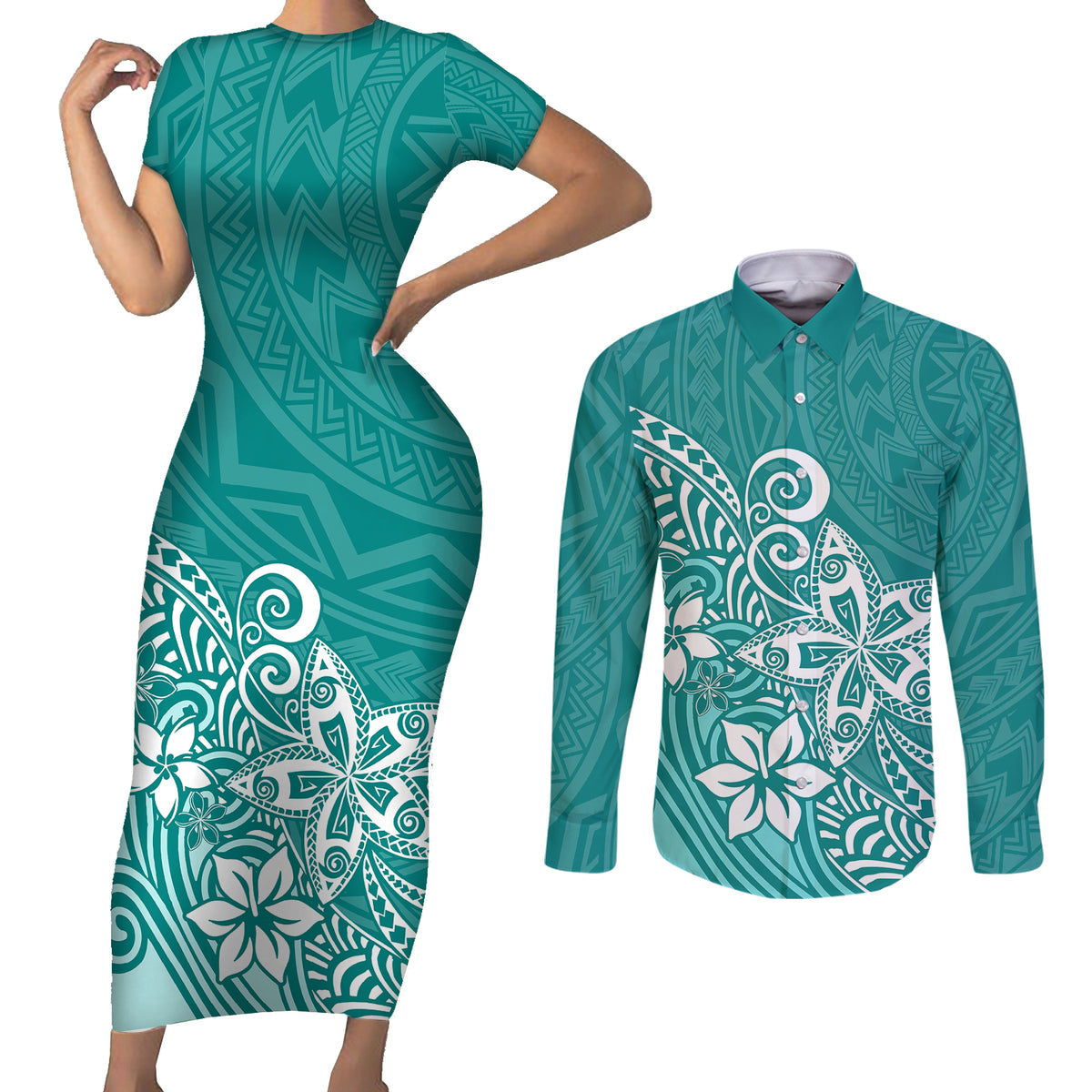 Polynesia Couples Matching Short Sleeve Bodycon Dress and Long Sleeve Button Shirts Plumeria Teal Curves LT7 - Wonder Print Shop
