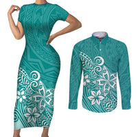 Polynesia Couples Matching Short Sleeve Bodycon Dress and Long Sleeve Button Shirts Plumeria Teal Curves LT7 - Wonder Print Shop
