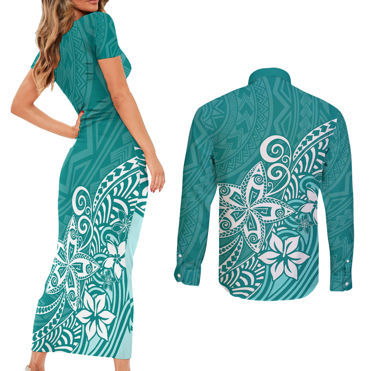 Polynesia Couples Matching Short Sleeve Bodycon Dress and Long Sleeve Button Shirts Plumeria Teal Curves LT7 - Wonder Print Shop