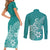 Polynesia Couples Matching Short Sleeve Bodycon Dress and Long Sleeve Button Shirts Plumeria Teal Curves LT7 - Wonder Print Shop