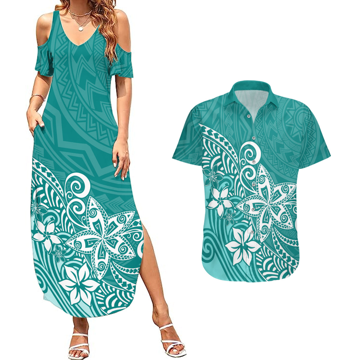 Polynesia Couples Matching Summer Maxi Dress and Hawaiian Shirt Plumeria Teal Curves LT7 - Wonder Print Shop