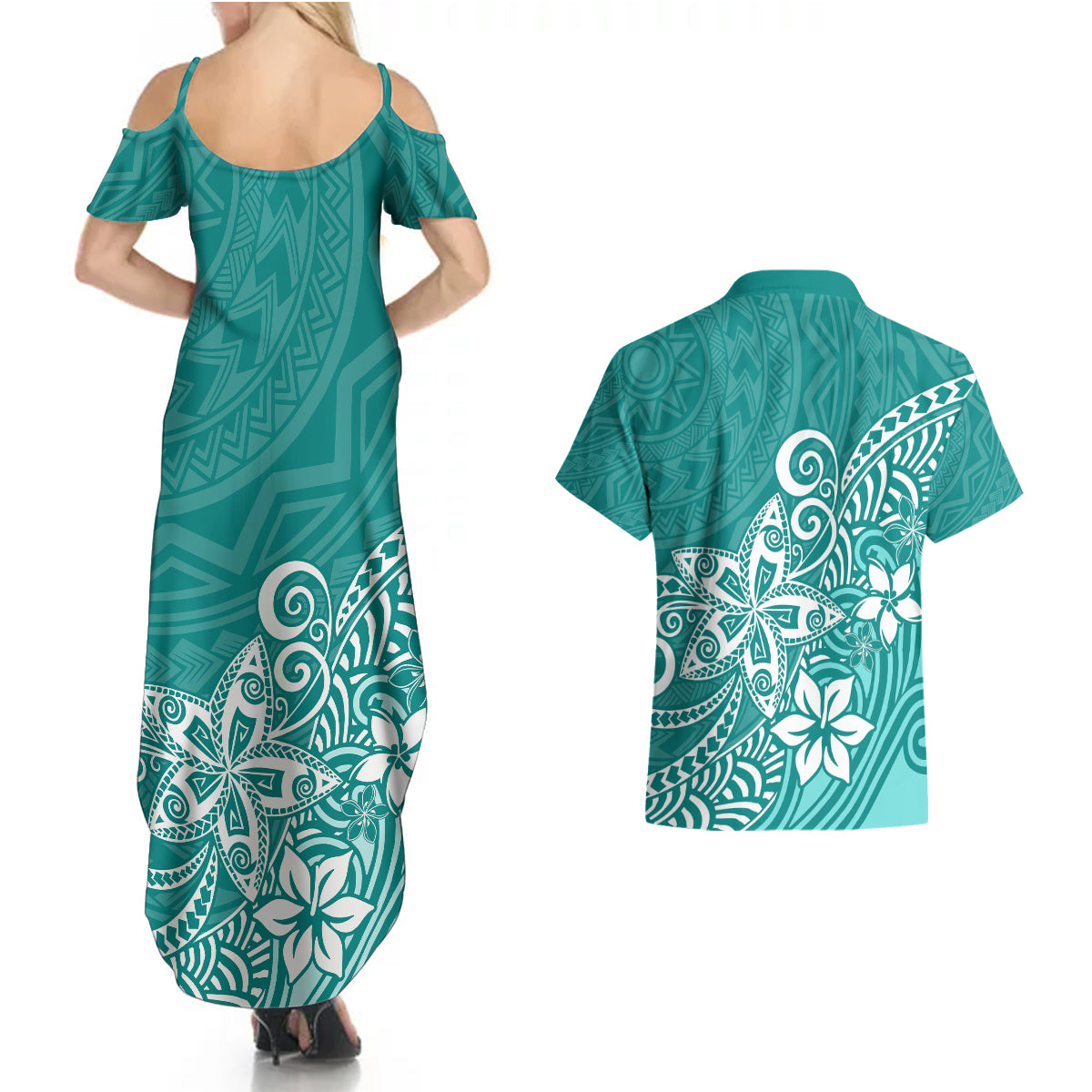Polynesia Couples Matching Summer Maxi Dress and Hawaiian Shirt Plumeria Teal Curves LT7 - Wonder Print Shop