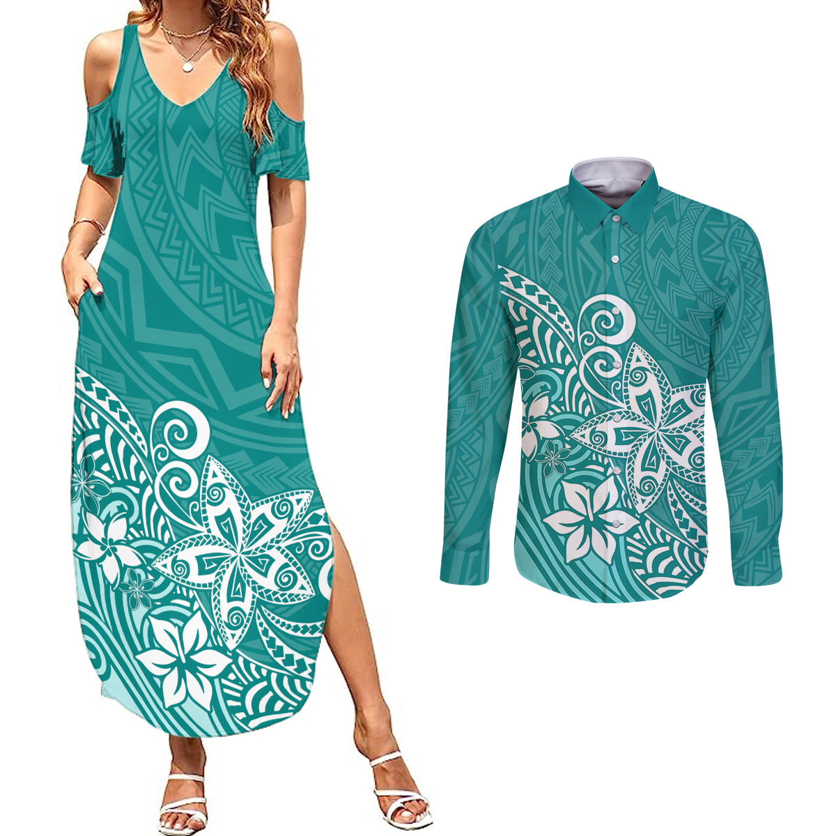 Polynesia Couples Matching Summer Maxi Dress and Long Sleeve Button Shirts Plumeria Teal Curves LT7 - Wonder Print Shop