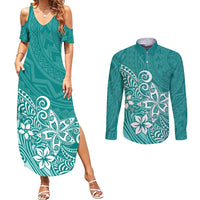 Polynesia Couples Matching Summer Maxi Dress and Long Sleeve Button Shirts Plumeria Teal Curves LT7 - Wonder Print Shop