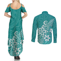 Polynesia Couples Matching Summer Maxi Dress and Long Sleeve Button Shirts Plumeria Teal Curves LT7 - Wonder Print Shop