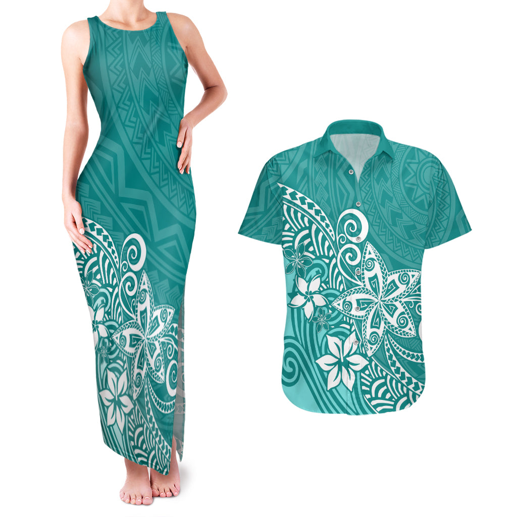 Polynesia Couples Matching Tank Maxi Dress And Hawaiian Shirt Plumeria Teal Curves LT7 - Wonder Print Shop
