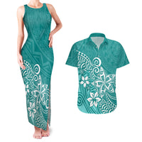 Polynesia Couples Matching Tank Maxi Dress And Hawaiian Shirt Plumeria Teal Curves LT7 - Wonder Print Shop
