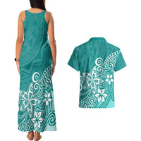 Polynesia Couples Matching Tank Maxi Dress And Hawaiian Shirt Plumeria Teal Curves LT7 - Wonder Print Shop