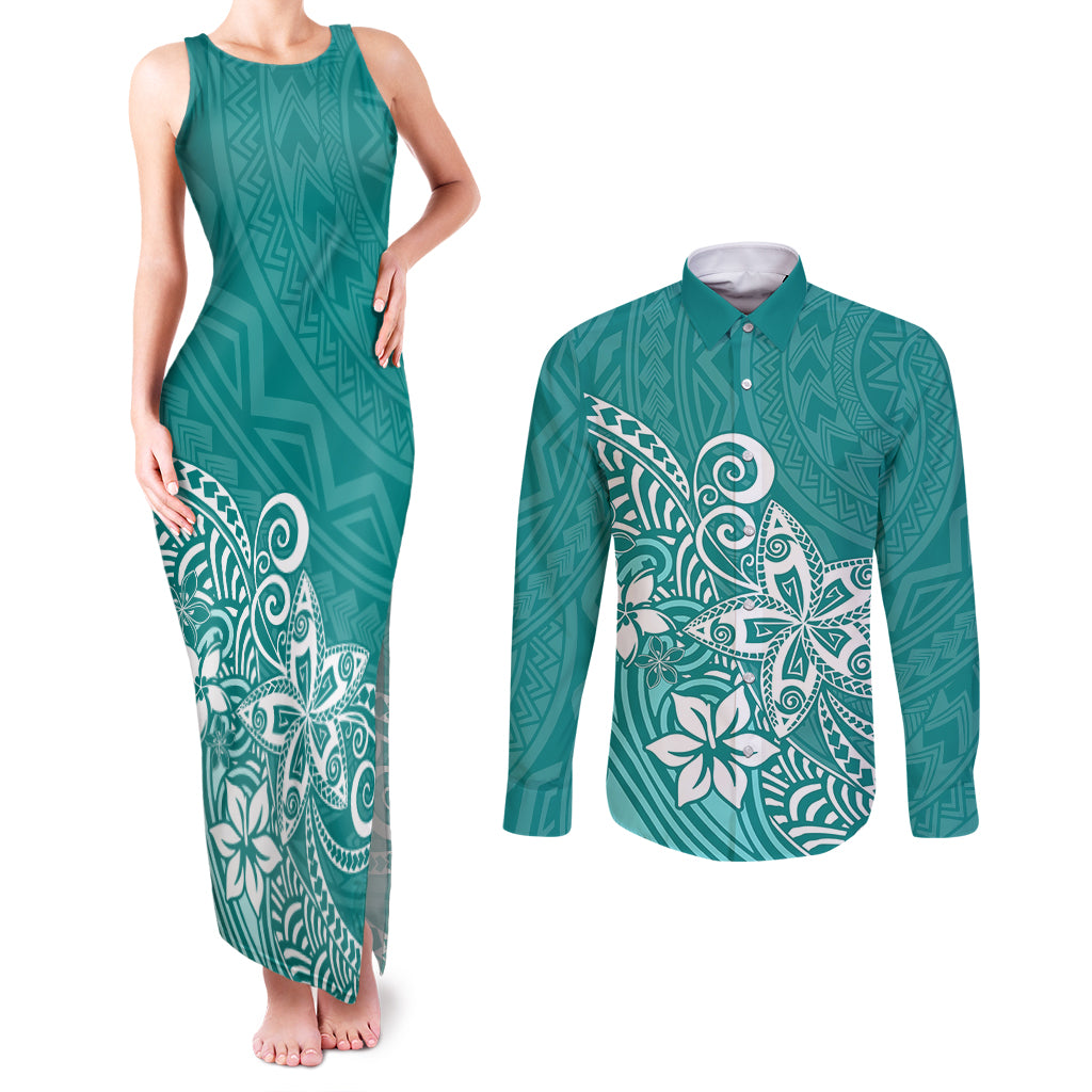 Polynesia Couples Matching Tank Maxi Dress and Long Sleeve Button Shirts Plumeria Teal Curves LT7 - Wonder Print Shop