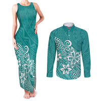 Polynesia Couples Matching Tank Maxi Dress and Long Sleeve Button Shirts Plumeria Teal Curves LT7 - Wonder Print Shop