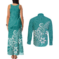 Polynesia Couples Matching Tank Maxi Dress and Long Sleeve Button Shirts Plumeria Teal Curves LT7 - Wonder Print Shop