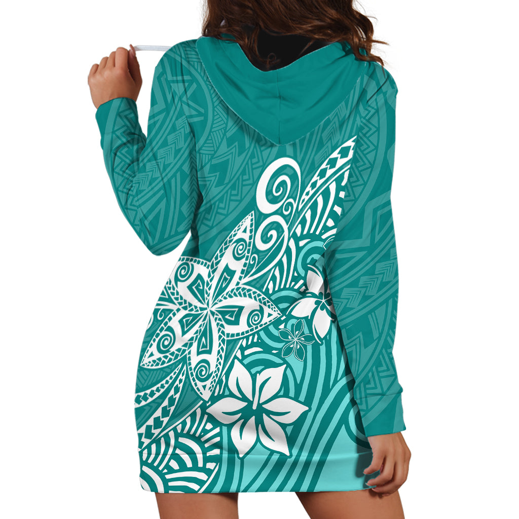 Polynesia Hoodie Dress Plumeria Teal Curves - Wonder Print Shop