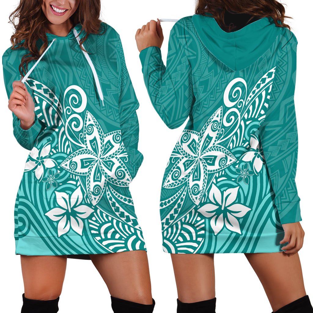 Polynesia Hoodie Dress Plumeria Teal Curves - Wonder Print Shop