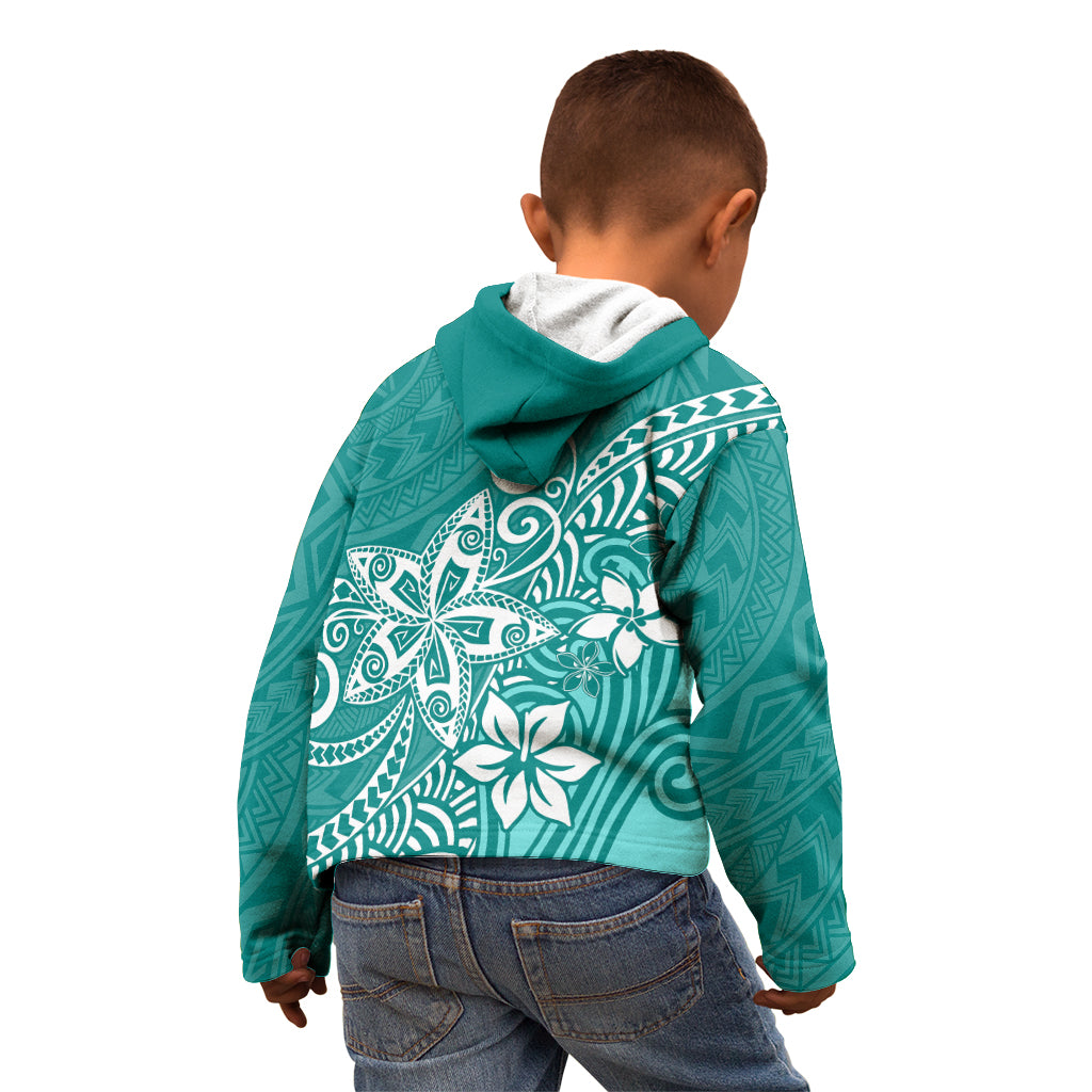 Polynesia Kid Hoodie Plumeria Teal Curves - Wonder Print Shop