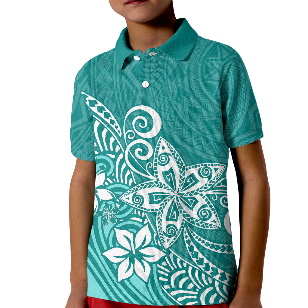 Polynesia Kid Polo Shirt Plumeria Teal Curves - Wonder Print Shop
