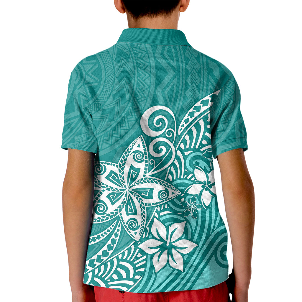 Polynesia Kid Polo Shirt Plumeria Teal Curves - Wonder Print Shop