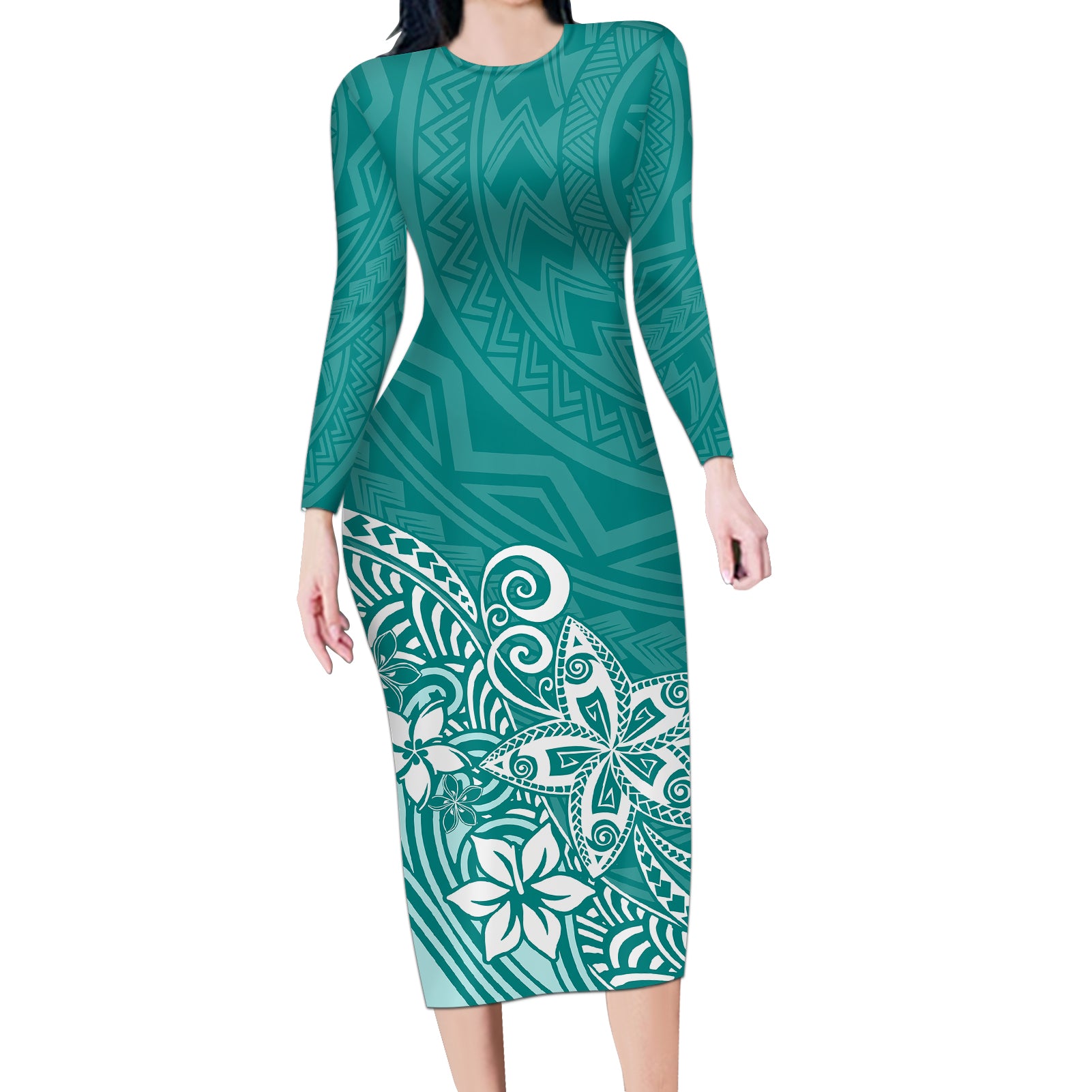 Polynesia Long Sleeve Bodycon Dress Plumeria Teal Curves - Wonder Print Shop
