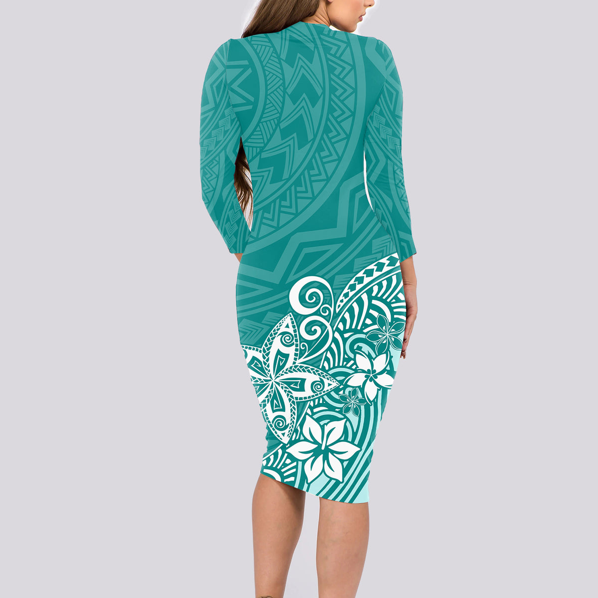 Polynesia Long Sleeve Bodycon Dress Plumeria Teal Curves - Wonder Print Shop