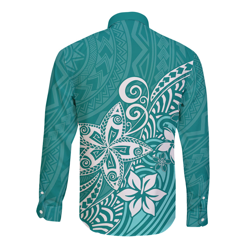 Polynesia Long Sleeve Button Shirt Plumeria Teal Curves - Wonder Print Shop