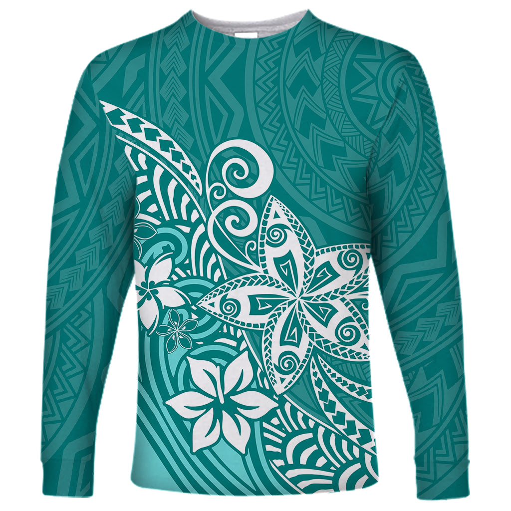 Polynesia Long Sleeve Shirt Plumeria Teal Curves - Wonder Print Shop