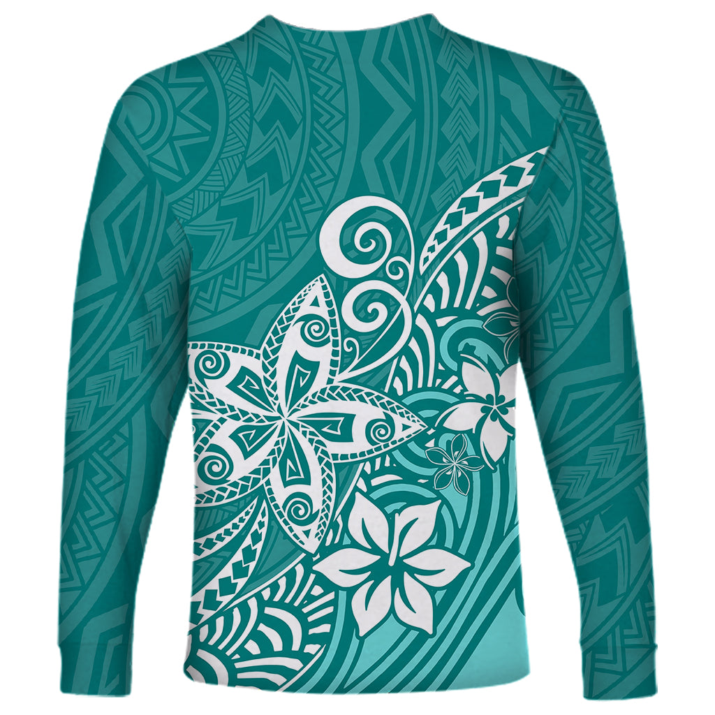 Polynesia Long Sleeve Shirt Plumeria Teal Curves - Wonder Print Shop
