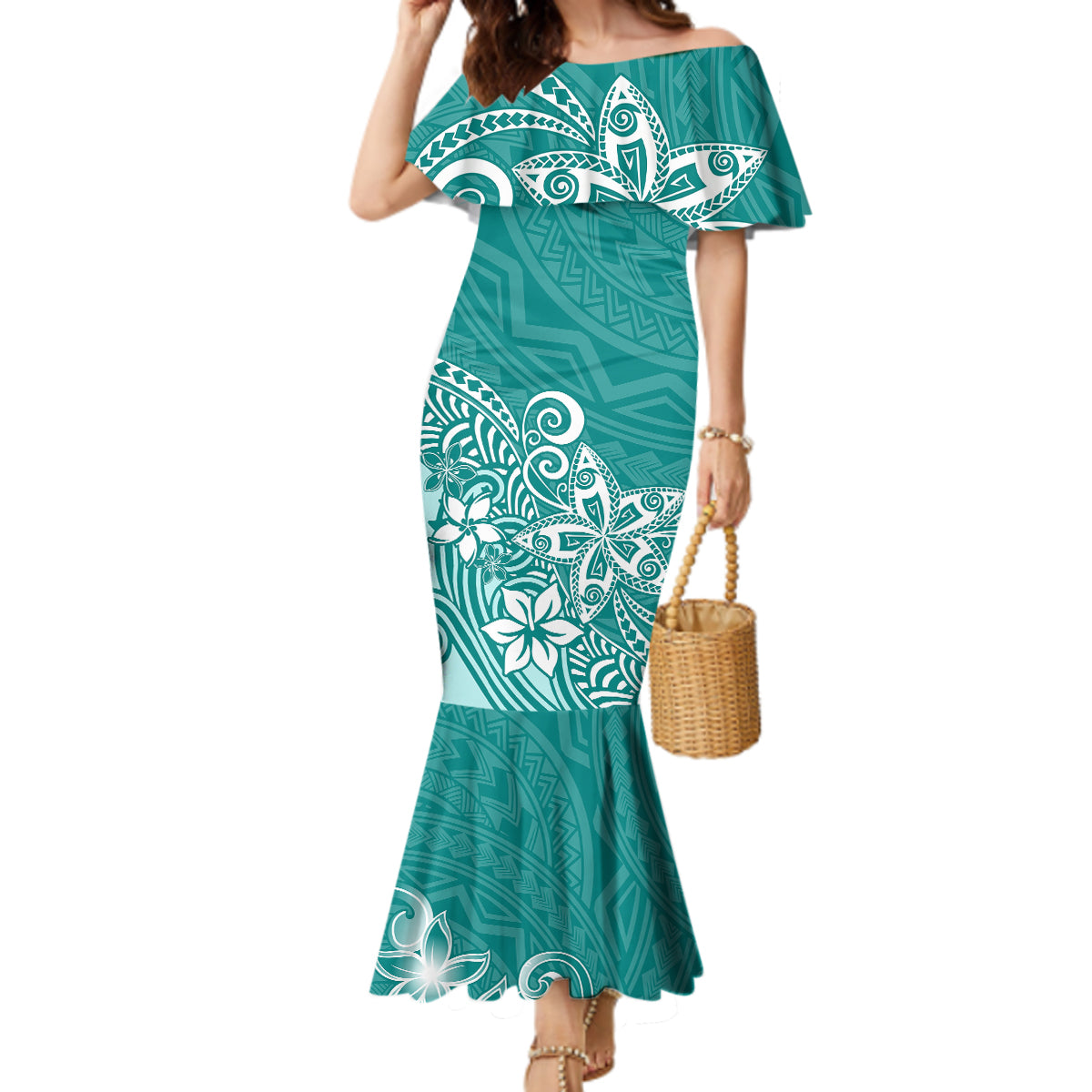 Polynesia Mermaid Dress Plumeria Teal Curves - Wonder Print Shop