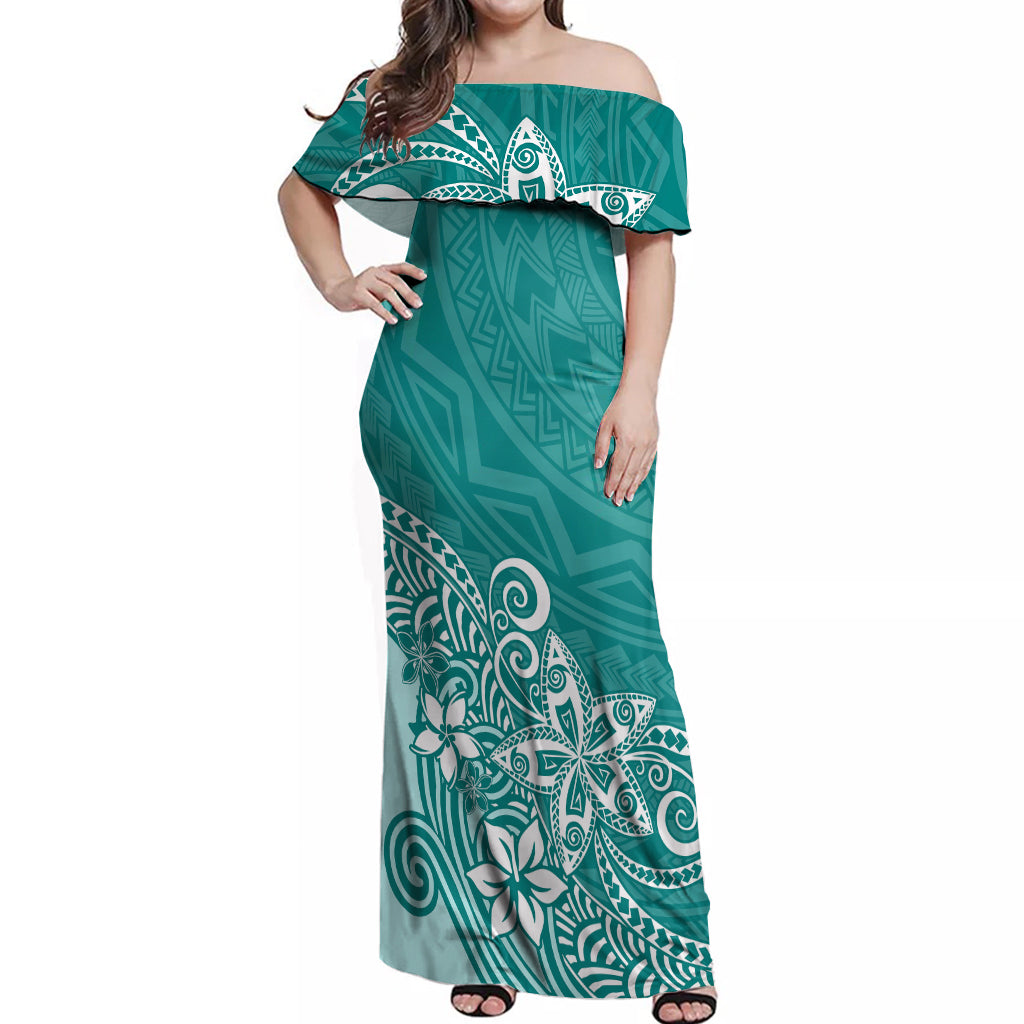 Polynesia Off Shoulder Maxi Dress Plumeria Teal Curves - Wonder Print Shop