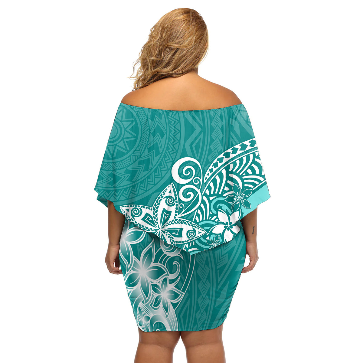 Polynesia Off Shoulder Short Dress Plumeria Teal Curves - Wonder Print Shop