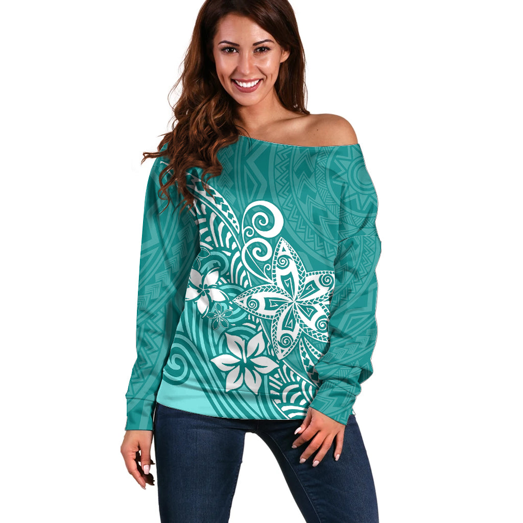 Polynesia Off Shoulder Sweater Plumeria Teal Curves - Wonder Print Shop