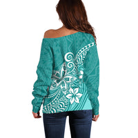 Polynesia Off Shoulder Sweater Plumeria Teal Curves - Wonder Print Shop
